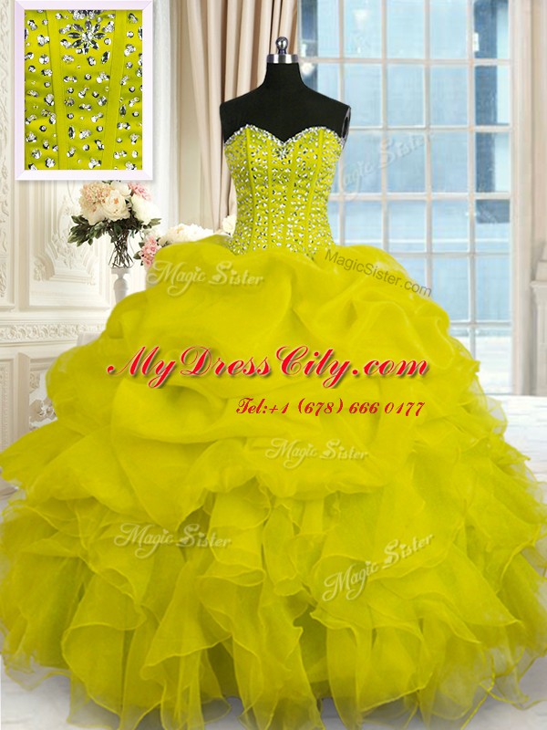 Graceful Yellow Sleeveless Beading and Ruffles Floor Length Sweet 16 Dress