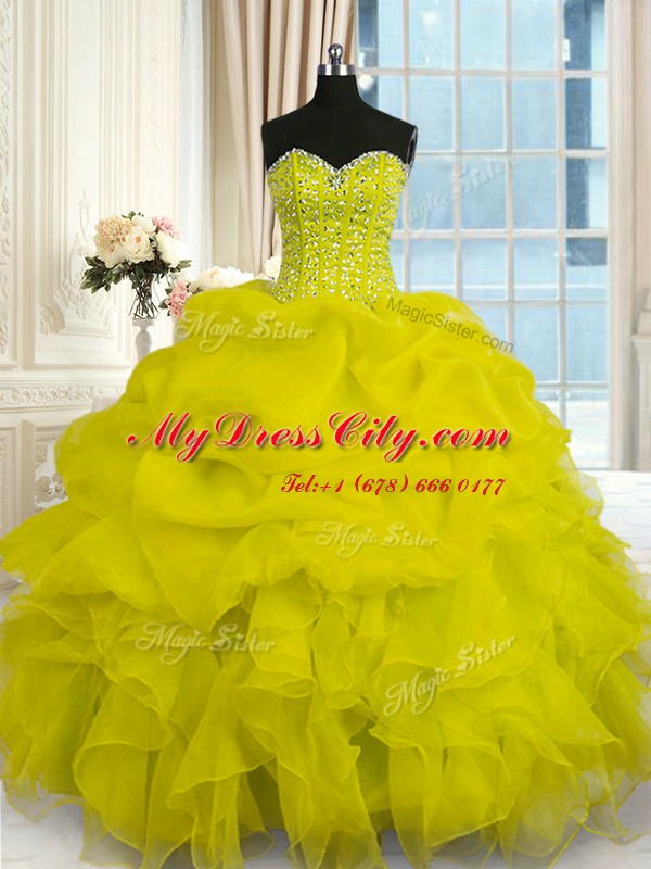 Graceful Yellow Sleeveless Beading and Ruffles Floor Length Sweet 16 Dress