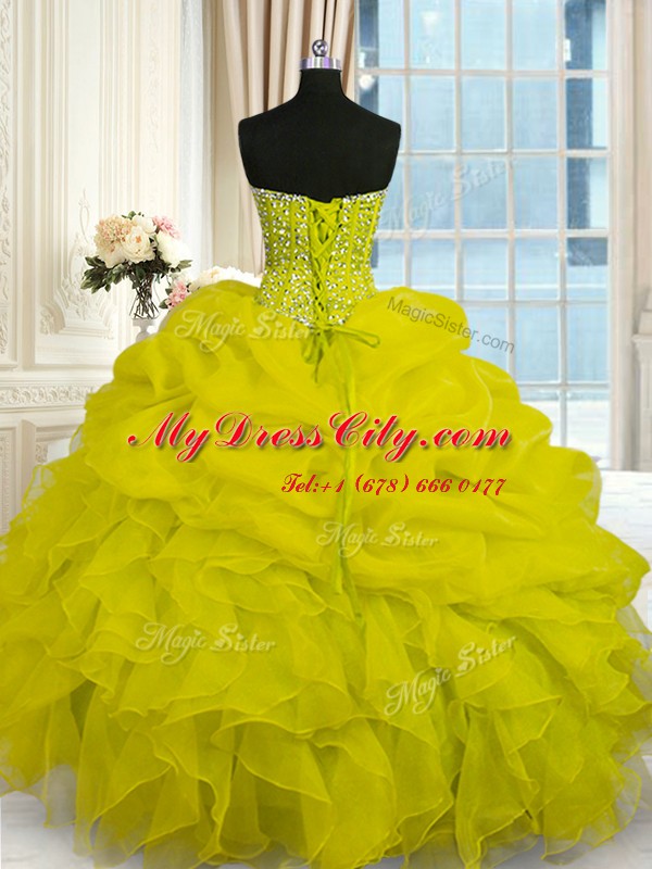 Graceful Yellow Sleeveless Beading and Ruffles Floor Length Sweet 16 Dress