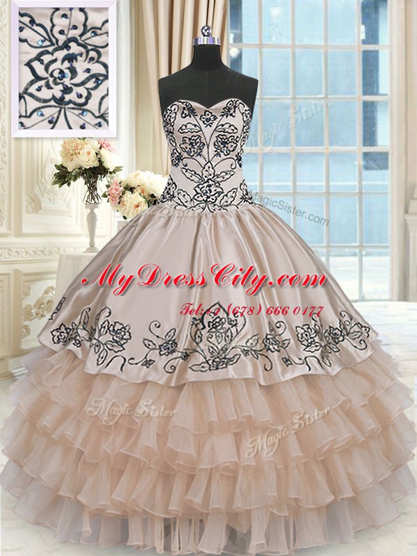 Elegant Champagne Lace Up Sweet 16 Dresses Beading and Embroidery and Ruffled Layers Sleeveless Floor Length