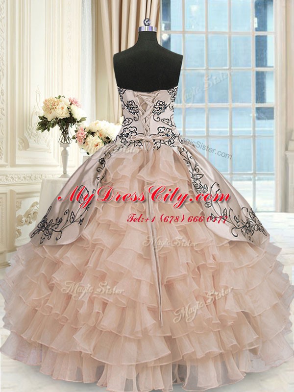 Elegant Champagne Lace Up Sweet 16 Dresses Beading and Embroidery and Ruffled Layers Sleeveless Floor Length