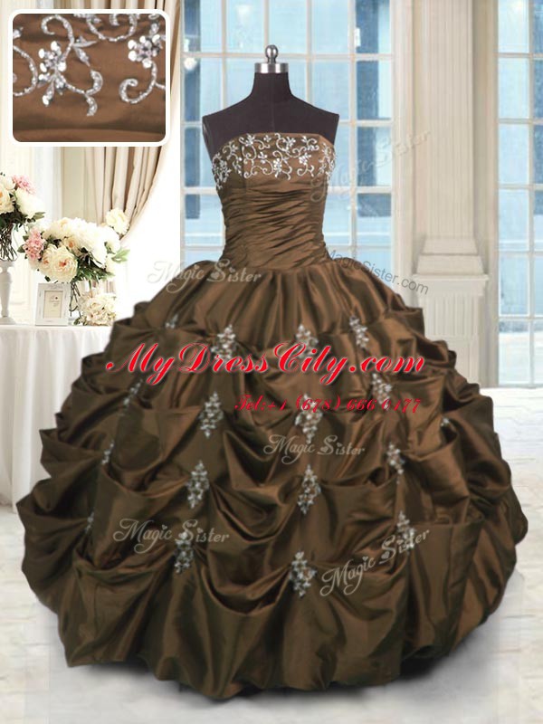 Chic Sleeveless Floor Length Beading and Appliques and Embroidery and Pick Ups Lace Up Quinceanera Gowns with Chocolate