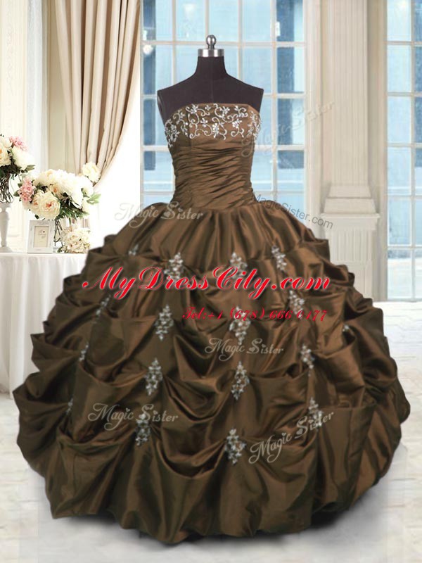 Chic Sleeveless Floor Length Beading and Appliques and Embroidery and Pick Ups Lace Up Quinceanera Gowns with Chocolate