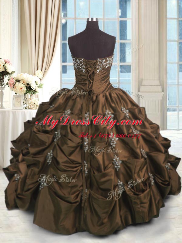 Chic Sleeveless Floor Length Beading and Appliques and Embroidery and Pick Ups Lace Up Quinceanera Gowns with Chocolate