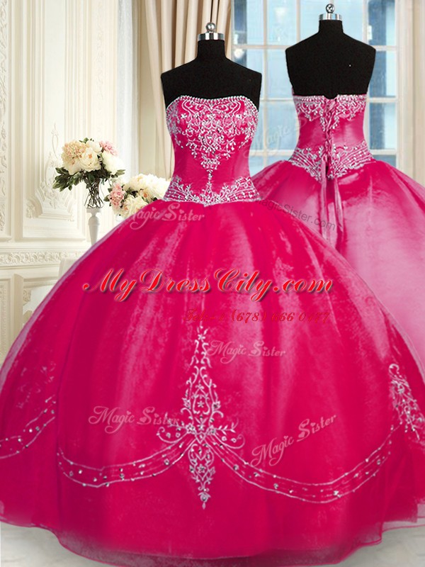 Modest Floor Length Lace Up Quinceanera Dress Coral Red for Military Ball and Sweet 16 and Quinceanera with Beading and Embroidery