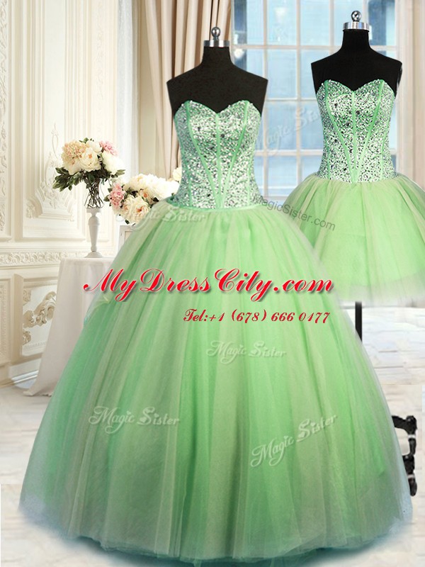 Chic Three Piece Sweetheart Lace Up Beading and Ruching Ball Gown Prom Dress Sleeveless