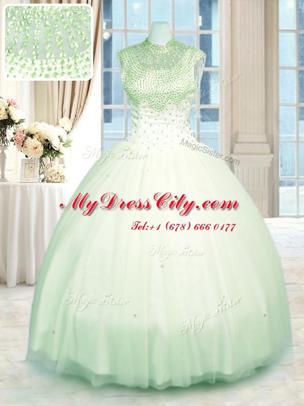 Clearance High-neck Sleeveless Sweet 16 Dresses Floor Length Beading Green Tulle