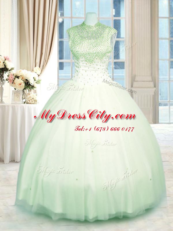 Clearance High-neck Sleeveless Sweet 16 Dresses Floor Length Beading Green Tulle