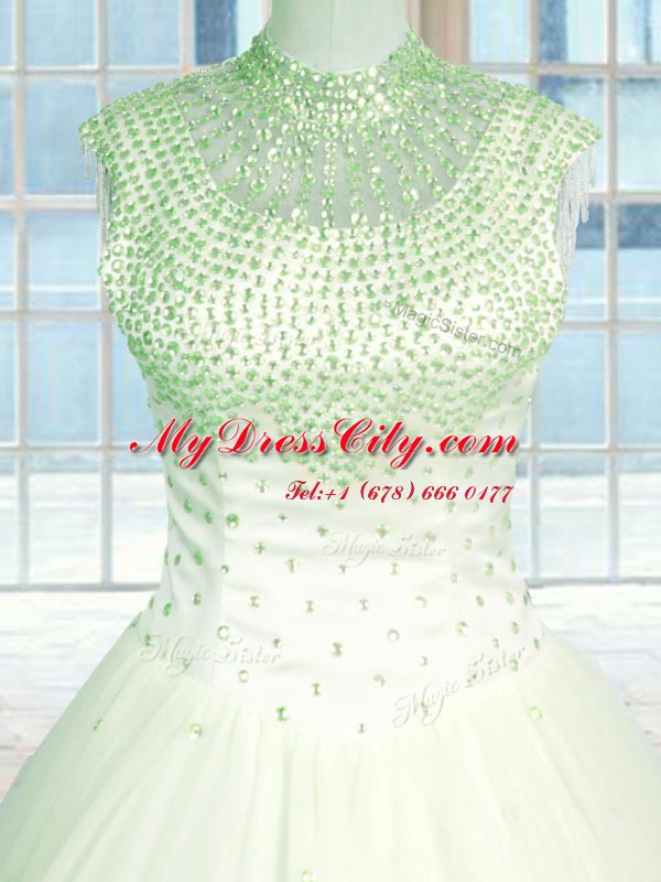 Clearance High-neck Sleeveless Sweet 16 Dresses Floor Length Beading Green Tulle