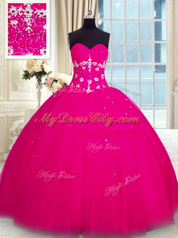 Sophisticated Fuchsia Lace Up 15th Birthday Dress Beading Sleeveless Floor Length