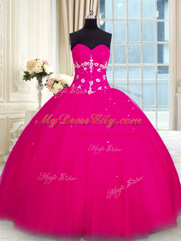 Sophisticated Fuchsia Lace Up 15th Birthday Dress Beading Sleeveless Floor Length