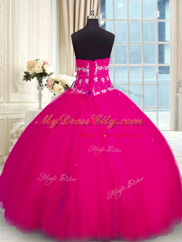 Sophisticated Fuchsia Lace Up 15th Birthday Dress Beading Sleeveless Floor Length