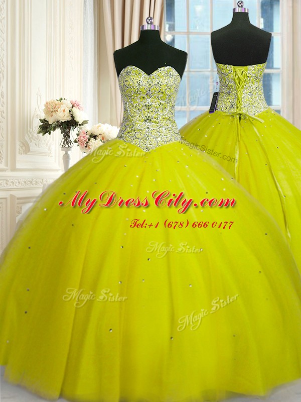 Sequins Yellow Green Sleeveless Tulle Lace Up Vestidos de Quinceanera for Military Ball and Sweet 16 and Quinceanera