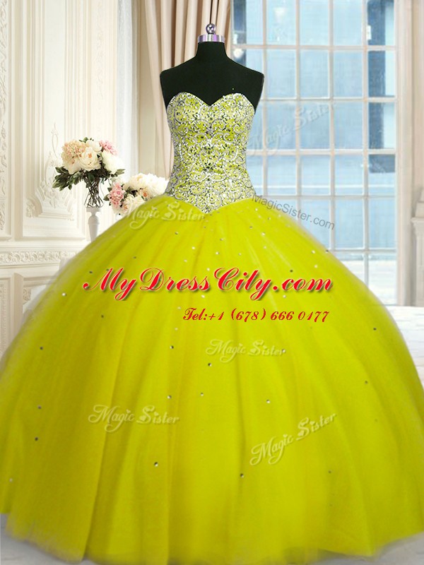 Sequins Yellow Green Sleeveless Tulle Lace Up Vestidos de Quinceanera for Military Ball and Sweet 16 and Quinceanera