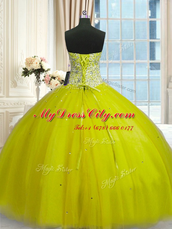 Sequins Yellow Green Sleeveless Tulle Lace Up Vestidos de Quinceanera for Military Ball and Sweet 16 and Quinceanera