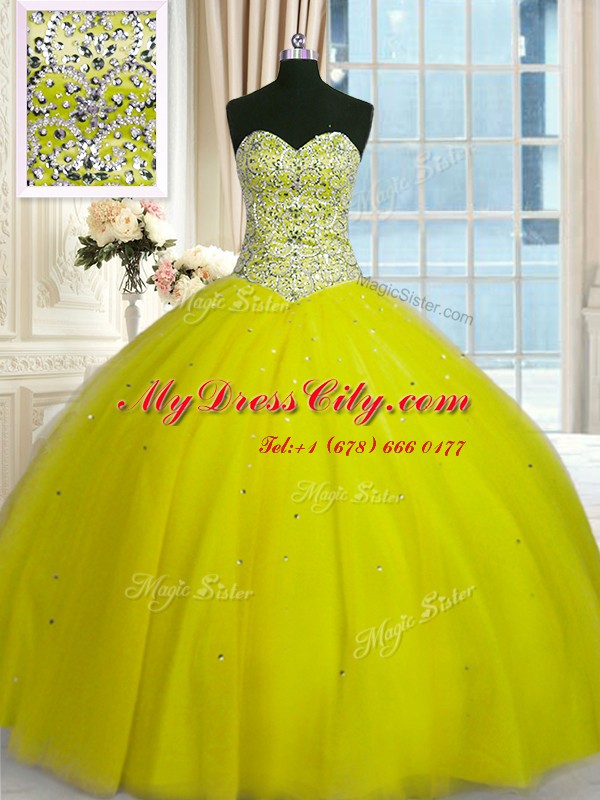 Sequins Yellow Green Sleeveless Tulle Lace Up Vestidos de Quinceanera for Military Ball and Sweet 16 and Quinceanera