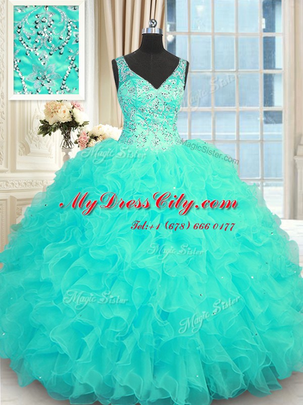 Aqua Blue Sleeveless Floor Length Beading and Ruffles Zipper Vestidos de Quinceanera