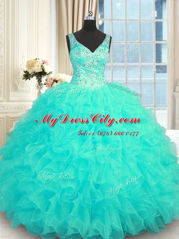 Aqua Blue Sleeveless Floor Length Beading and Ruffles Zipper Vestidos de Quinceanera