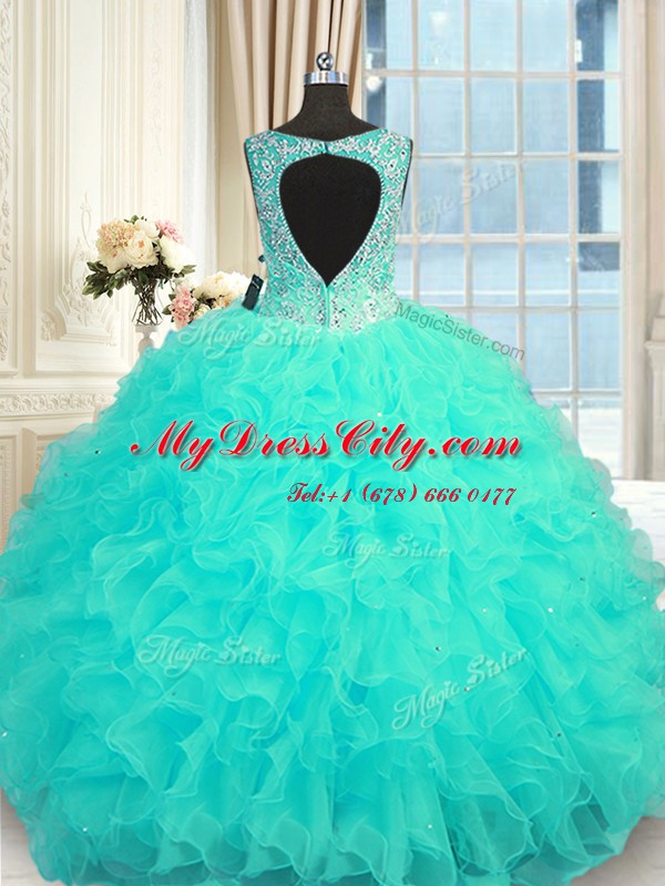 Aqua Blue Sleeveless Floor Length Beading and Ruffles Zipper Vestidos de Quinceanera