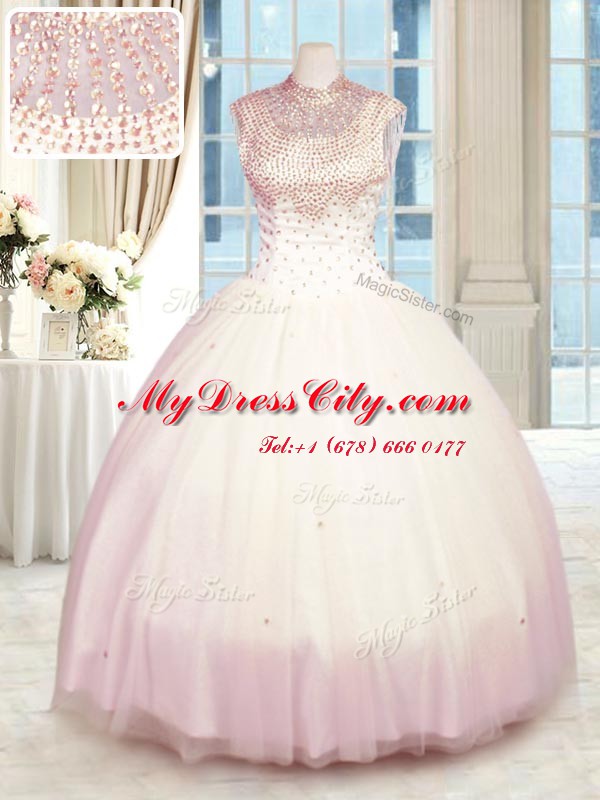 Baby Pink Tulle Zipper High-neck Sleeveless Floor Length Quinceanera Dresses Beading