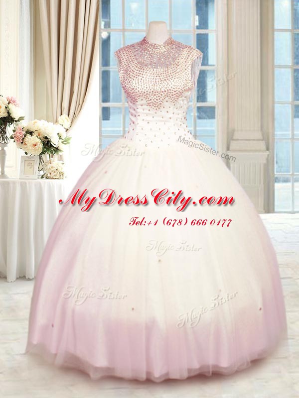 Baby Pink Tulle Zipper High-neck Sleeveless Floor Length Quinceanera Dresses Beading