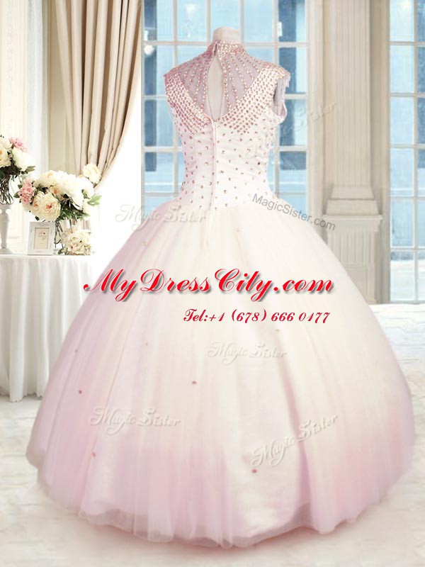 Baby Pink Tulle Zipper High-neck Sleeveless Floor Length Quinceanera Dresses Beading