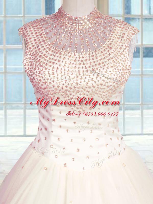 Baby Pink Tulle Zipper High-neck Sleeveless Floor Length Quinceanera Dresses Beading