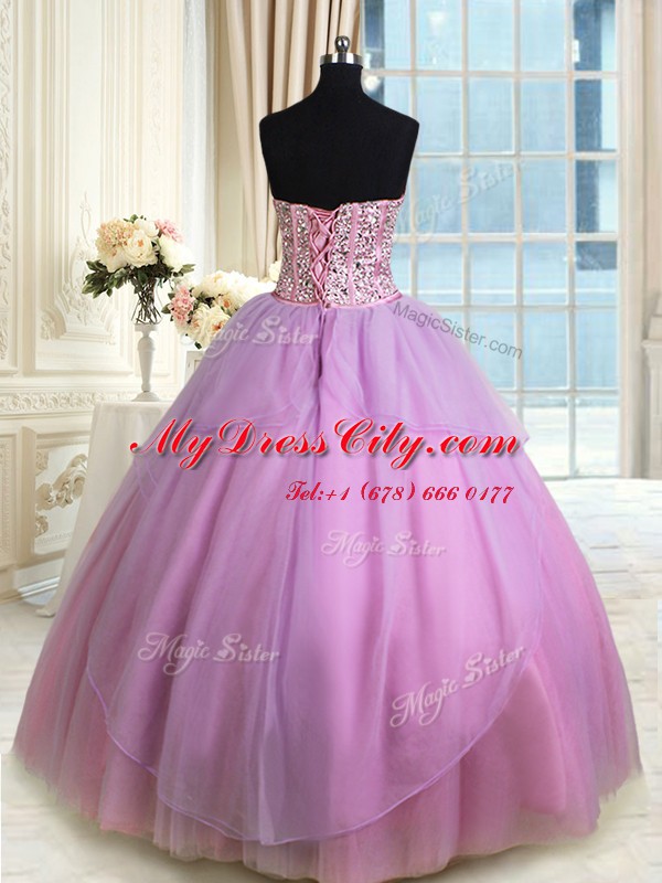 Lilac Sweetheart Lace Up Beading and Ruching Vestidos de Quinceanera Sleeveless