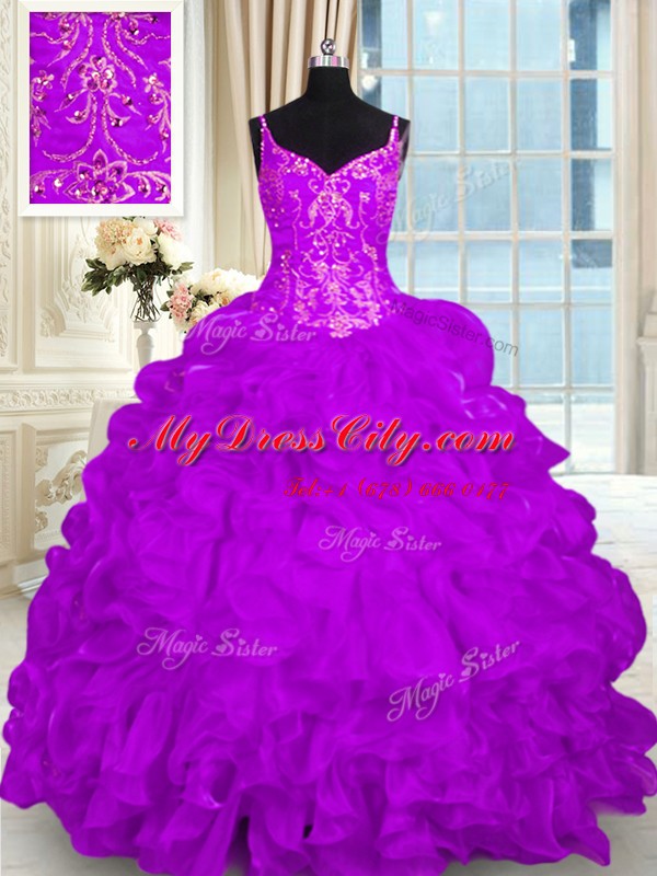 Perfect Purple Spaghetti Straps Lace Up Beading and Embroidery and Ruffles Quinceanera Dresses Brush Train Sleeveless