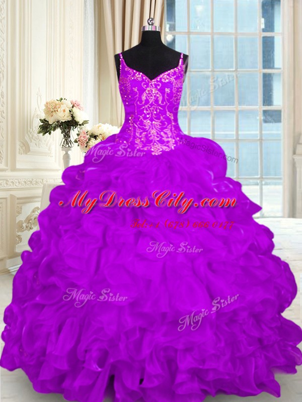 Perfect Purple Spaghetti Straps Lace Up Beading and Embroidery and Ruffles Quinceanera Dresses Brush Train Sleeveless