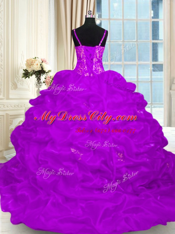 Perfect Purple Spaghetti Straps Lace Up Beading and Embroidery and Ruffles Quinceanera Dresses Brush Train Sleeveless