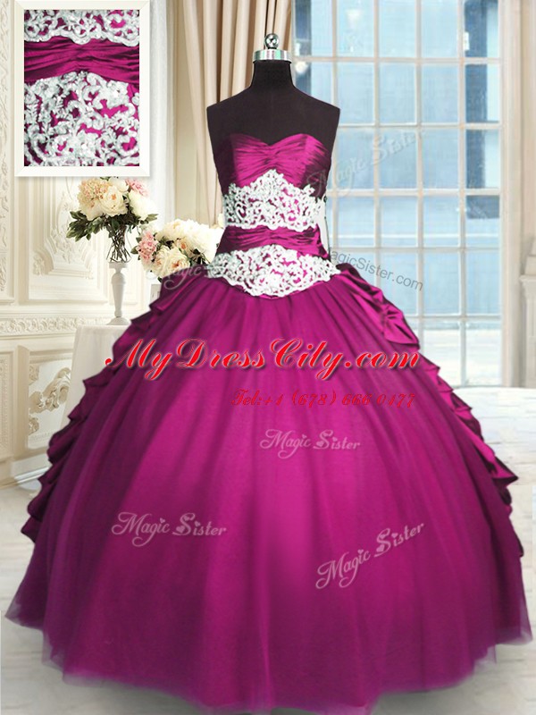 Sleeveless Taffeta and Tulle Floor Length Lace Up Ball Gown Prom Dress in Fuchsia with Beading and Lace and Ruching and Pick Ups