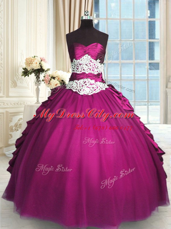 Sleeveless Taffeta and Tulle Floor Length Lace Up Ball Gown Prom Dress in Fuchsia with Beading and Lace and Ruching and Pick Ups