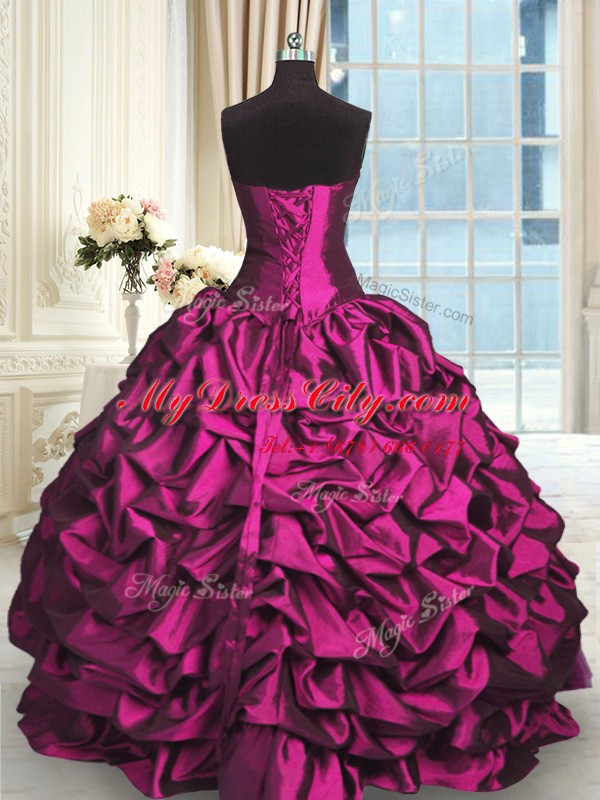 Sleeveless Taffeta and Tulle Floor Length Lace Up Ball Gown Prom Dress in Fuchsia with Beading and Lace and Ruching and Pick Ups