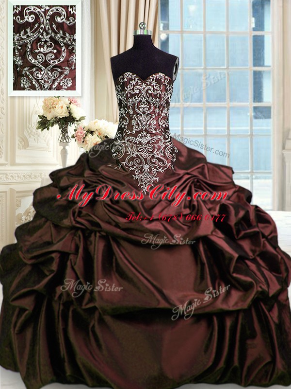 Cute Beading and Embroidery and Pick Ups Quinceanera Gown Burgundy Zipper Sleeveless Floor Length