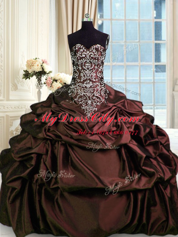 Cute Beading and Embroidery and Pick Ups Quinceanera Gown Burgundy Zipper Sleeveless Floor Length