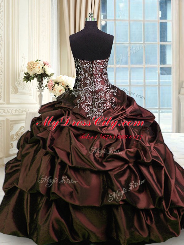 Cute Beading and Embroidery and Pick Ups Quinceanera Gown Burgundy Zipper Sleeveless Floor Length