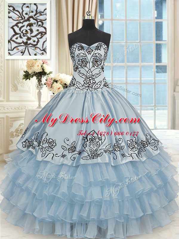 Hot Selling Light Blue Lace Up Quinceanera Gown Beading and Embroidery and Ruffled Layers Sleeveless Floor Length