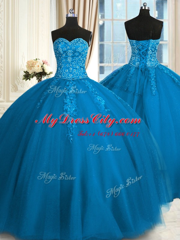 Ideal Teal Tulle Lace Up Sweetheart Sleeveless Floor Length 15th Birthday Dress Appliques and Embroidery