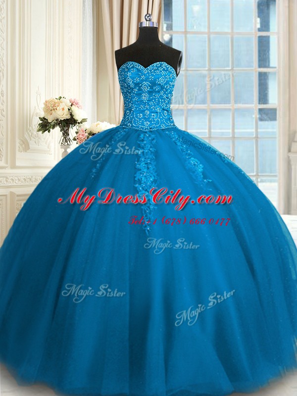 Ideal Teal Tulle Lace Up Sweetheart Sleeveless Floor Length 15th Birthday Dress Appliques and Embroidery