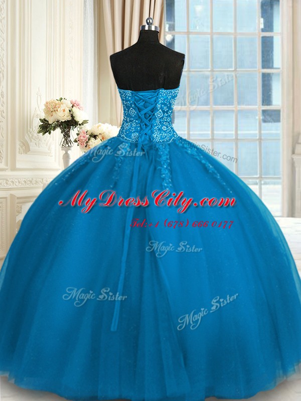 Ideal Teal Tulle Lace Up Sweetheart Sleeveless Floor Length 15th Birthday Dress Appliques and Embroidery