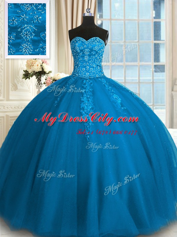 Ideal Teal Tulle Lace Up Sweetheart Sleeveless Floor Length 15th Birthday Dress Appliques and Embroidery