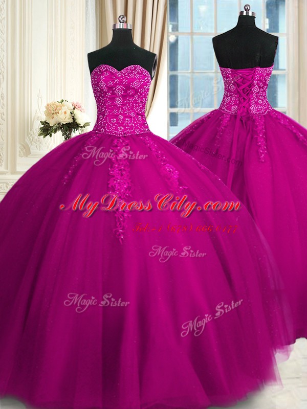 Fuchsia Sleeveless Appliques and Embroidery Floor Length Sweet 16 Dress