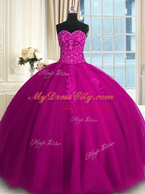 Fuchsia Sleeveless Appliques and Embroidery Floor Length Sweet 16 Dress