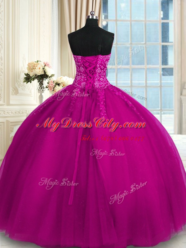 Fuchsia Sleeveless Appliques and Embroidery Floor Length Sweet 16 Dress