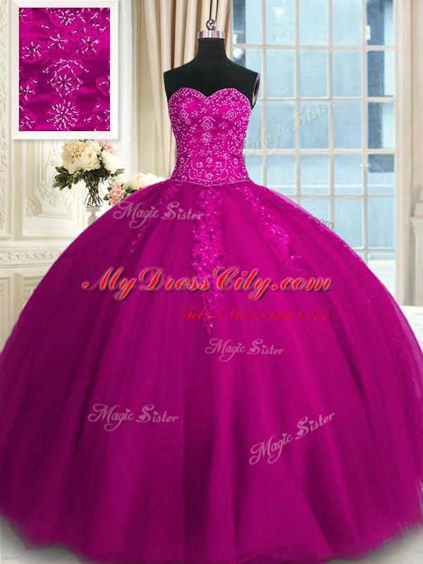 Fuchsia Sleeveless Appliques and Embroidery Floor Length Sweet 16 Dress