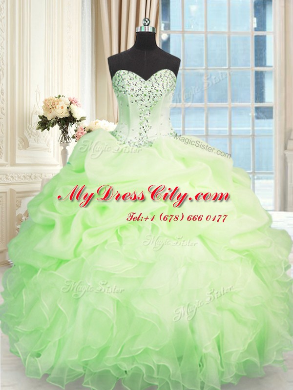 High Quality Beading and Ruffles Quinceanera Dresses Apple Green Lace Up Sleeveless Floor Length