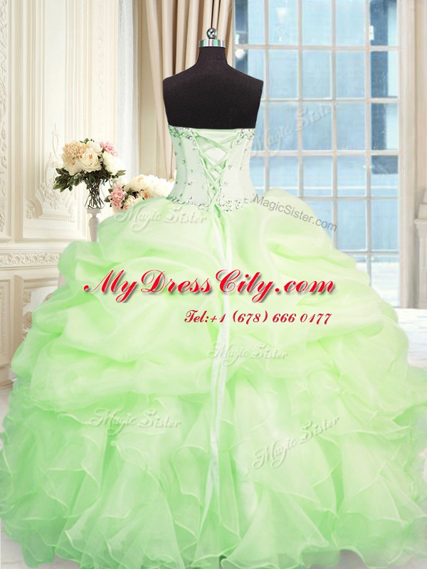 High Quality Beading and Ruffles Quinceanera Dresses Apple Green Lace Up Sleeveless Floor Length