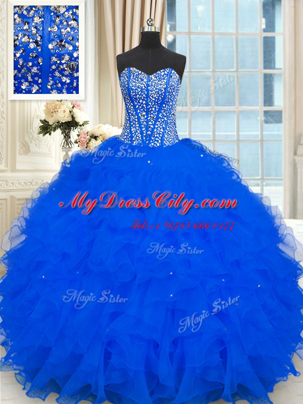 Floor Length Royal Blue Quinceanera Gown Strapless Sleeveless Lace Up