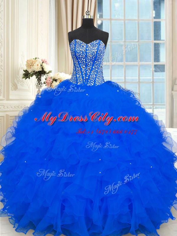 Floor Length Royal Blue Quinceanera Gown Strapless Sleeveless Lace Up